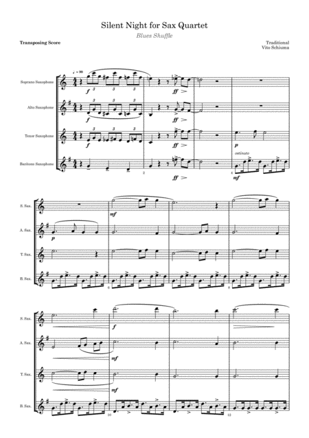 Silent Night Blues Shuffle for Sax Quartet - Easy